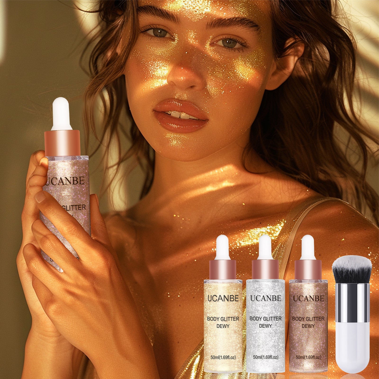 UCANBE 3 Pcs Face Body Glitter Liquid Highlighter Illuminator Dewy Drops with Makeup Brush