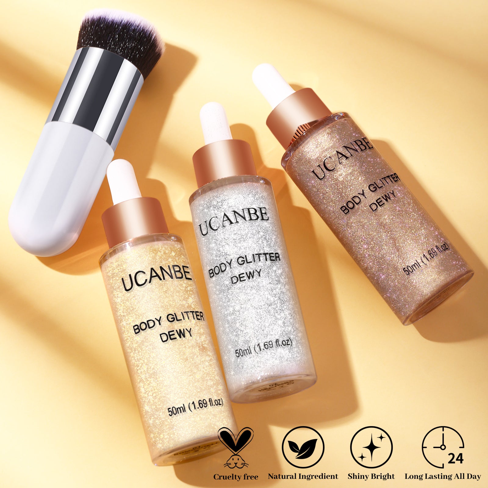 UCANBE 3 Pcs Face Body Glitter Liquid Highlighter Illuminator Dewy Drops with Makeup Brush