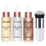 UCANBE 3 Pcs Face Body Glitter Liquid Highlighter Illuminator Dewy Drops with Makeup Brush