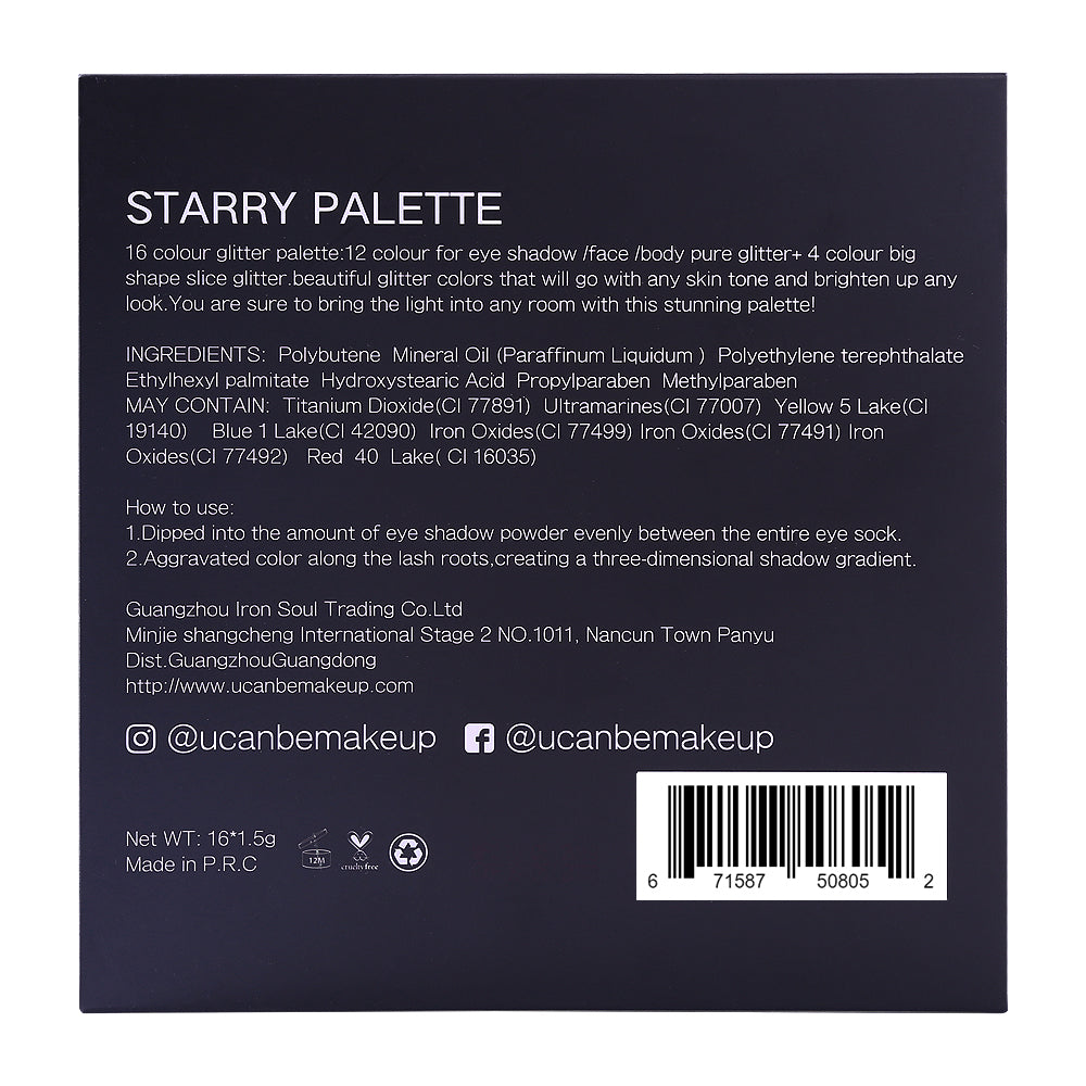 UCANBE STARRY PALETTE-Pro 16 Colors Glitter Eyeshadow Palette - Professional