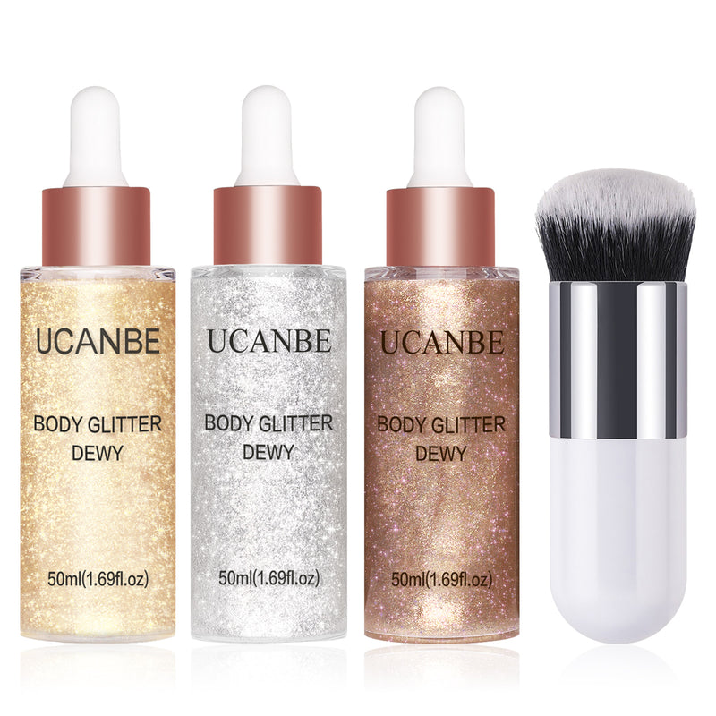 UCANBE 3 Pcs Face Body Glitter Liquid Highlighter Illuminator Dewy Drops with Makeup Brush - UCANBE